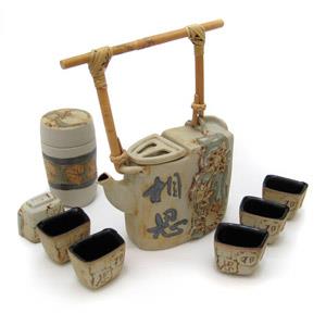 Tea Set with 1 Tea Pot, 6 Cups and 1 Tea Caddy - Chinese Character Design
