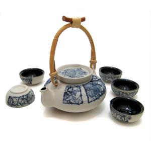 Tea Set with 1 Tea Pot and 5 Cups - Leaves Design